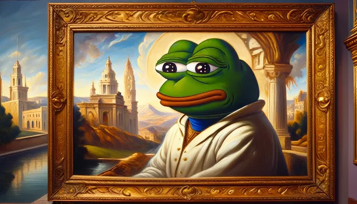 pepe the frog, museum, beautiful painting by leonardo, hyperrealistic, 8k, masterpiece, highly detailed, intricate background, e...