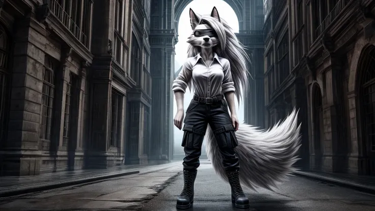 Loona from Helluva Boss, female white wolf, anthro, mature adult, short fluffy white hair, blindfold, white shirt, black cargo pants, black boots, straps, standing, serious, extremely detailed, solo, beautiful, front view, high quality, photorealism, 4K