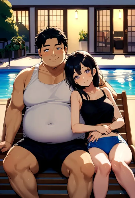 A young Japanese husband and wife aged 25 years, a slightly fat man without clothes, wearing swimming trunks. while the wife is a very thin woman wearing a tank top, sunbathing by the pool, sitting hugging each other on a lounge chair, smiling at the camer...