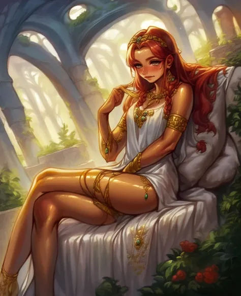 score_9, score_8_up, score_7_up, 1 girl, ancient Rome, sitting on pillows, fabrics, gold jewelry, thigh strap, shiny skin, blush, beautiful face, grey eyes, red hair, braided, tan lines, crossed legs, white sexy sheer dress, see through, dutch angle, botto...