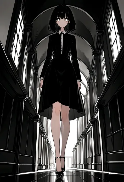 Create only the woman&#39;s feet,Walking in heels,Black heels,Only the knees and below are visible,Dim moonlight,The light is dim,Corridor inside the building,Wearing a long black skirt,No sunlight,Horror atmosphere.