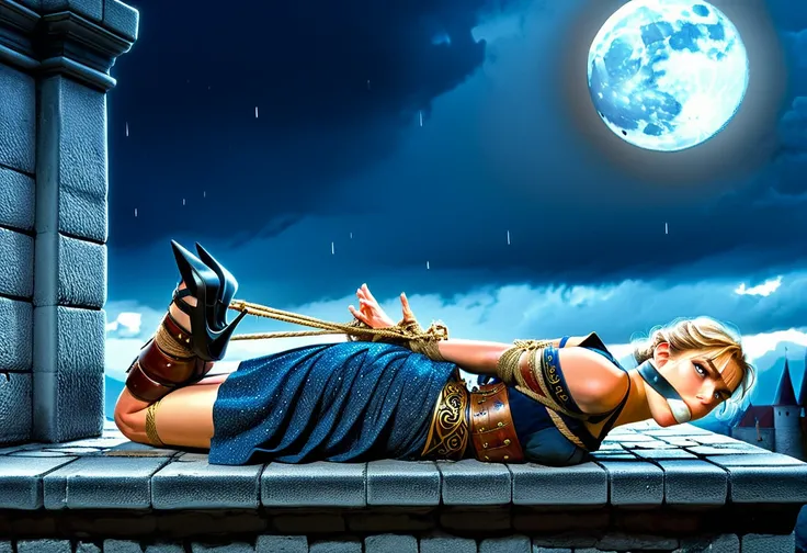 Graphics novel illustration, best quality, high resolution, 8k aesthetic, mesmerizing celestial moonlight, Over the walls of a large castle. A beautiful young woman in a short (Armored Dress), hogtied&gagged, ((laying on stomach)), short skirt, feet bound,...