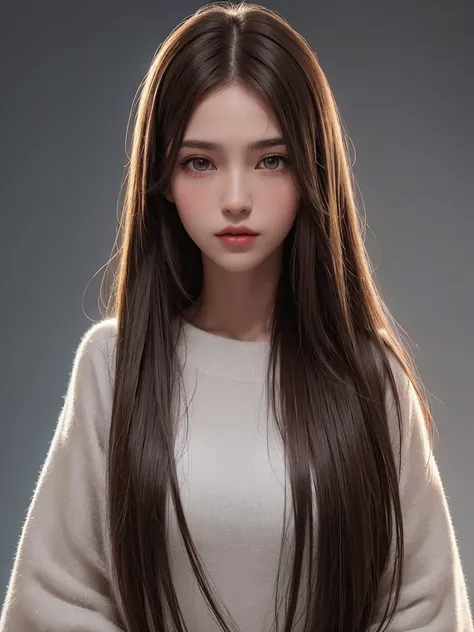 best qualtiy，tmasterpiece，A high resolution，Reality，RAW photogr，1girl，brunette color hair，Tall and tall，The background color is dark，There is a strong sense of contrast，The skin is tender and textured，cold light，With a shallow smile，With deep eyes 