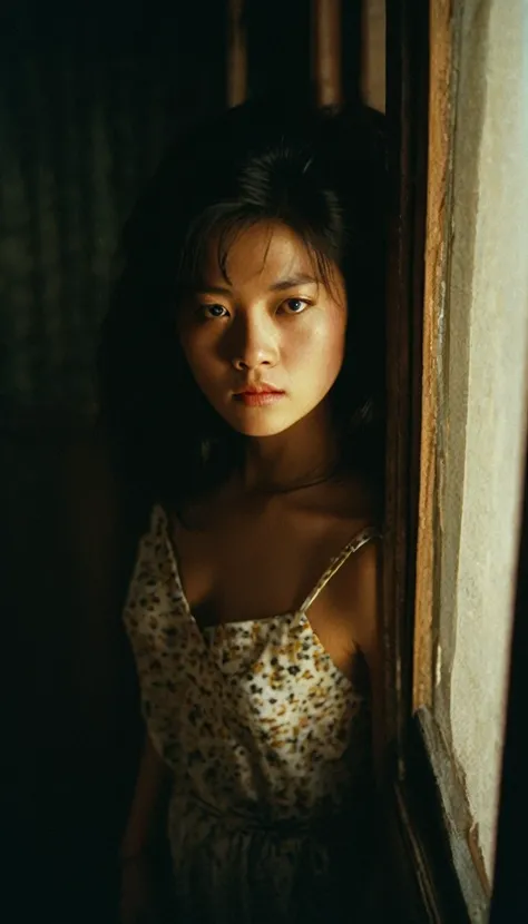 Extreme high angle shot from above, 17 yo girl, 1970s style hair and dress, looking at camera, drama movie, movie still, lighting through window, shadows on face, wong kar wai color palette
