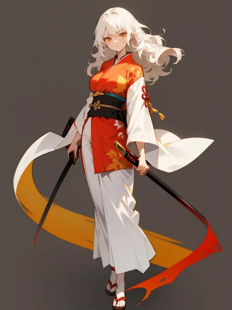 A adult anime girl, short wavy White hair, Yellow Eye, Red Kimono, holding a katana, standing, full body, serious expression, blank background, big boobs