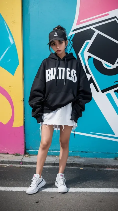 Capture a stylish girl in a hype outfit, complete with trendy sneakers, oversized hoodie, and edgy accessories. Shes posing confidently in front of a modern, urban building. Behind her, theres a large, vibrant graffiti mural featuring the word SASIMO in bo...