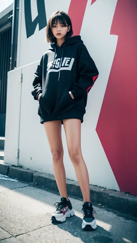 Capture a stylish girl in a hype outfit, complete with trendy sneakers, oversized hoodie, and edgy accessories. Shes posing confidently in front of a modern, urban building. Behind her, theres a large, vibrant graffiti mural featuring the word SASIMO in bo...