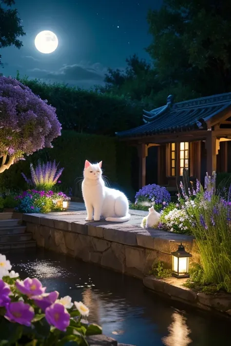 high resolution、masterpiece、Garden at Night、There is moonlight、A white cat that looks like it might be guardian