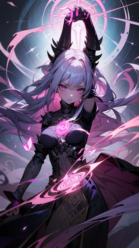 Create an illustration of a powerful, dark sorceress with deep purple skin and long, flowing white hair. She has glowing pink eyes and wears an elaborate, dark armor with intricate silver and red designs. She has large, curved black horns on her head, addi...