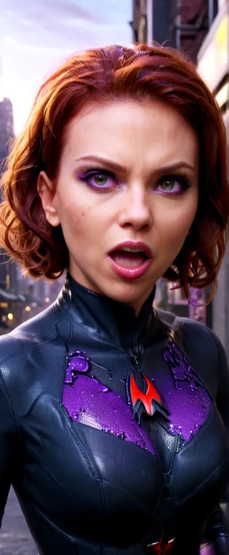 an evil mutant goblin spitting a jet of glowing purple liquid into Black Widows face wearing the costume that appears in the cinema, New York street, night, hyper-realistic