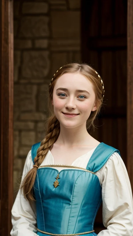 Saoirse Ronan dressed in traditional middle ages clothing and smiling sexy.