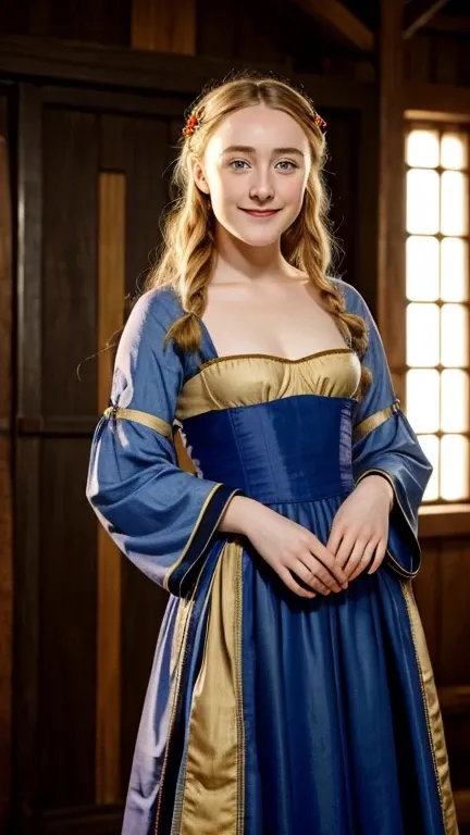 Saoirse Ronan dressed in traditional middle ages clothing and smiling sexy.