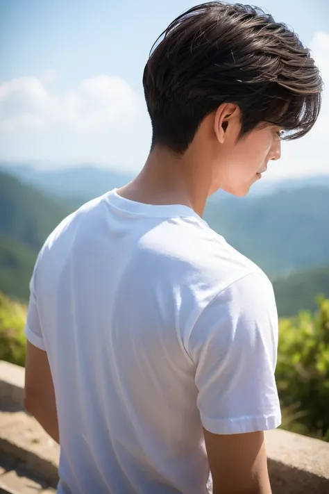 Handsome,Japanese,20-year-old,Short Hair,Landscape,T-Shirts,Height: 180 cm,Sunburn,back of head,I can&#39;t see your face,