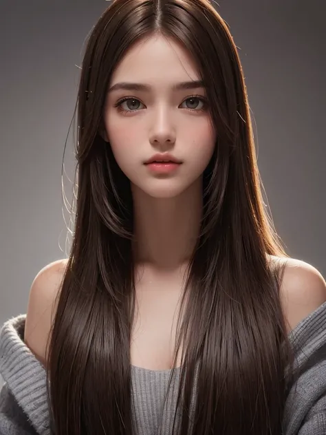 best qualtiy，tmasterpiece，A high resolution，Reality，RAW photogr，1girl，brunette color hair，Tall and tall，The background color is dark，There is a strong sense of contrast，The skin is tender and textured，cold light，With a shallow smile，With deep eyes 