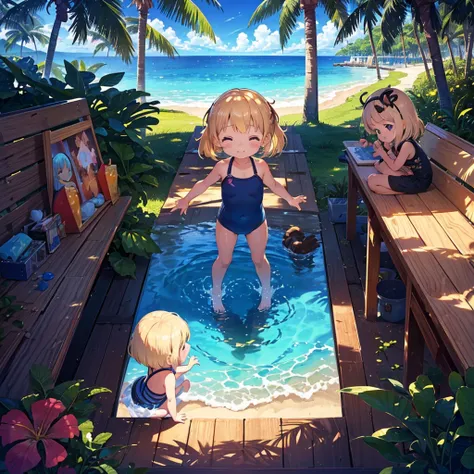 Super high quality, 64k, Super fine detail illustration, Beach (tropical, palm tree, tropical animals, very sunny), 3 Girls (1 (1), 1.5), Cute  swimsuit, (short arms: 1.5), round face, (little girl: 1.8), bare feet, (child: 1.9), (baby face: 1. 4)), sun, b...