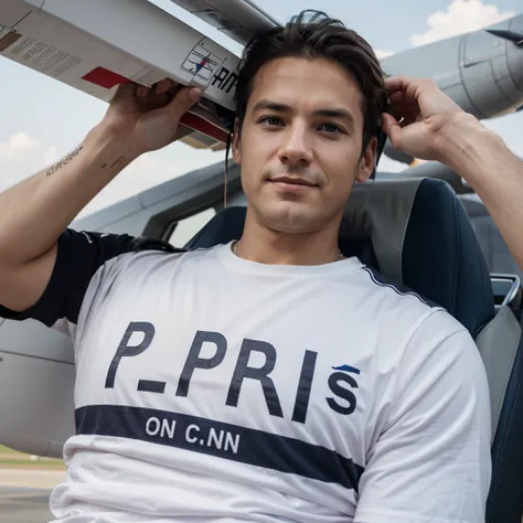 Create an airplane pilot with PIERRE written on his shirt 