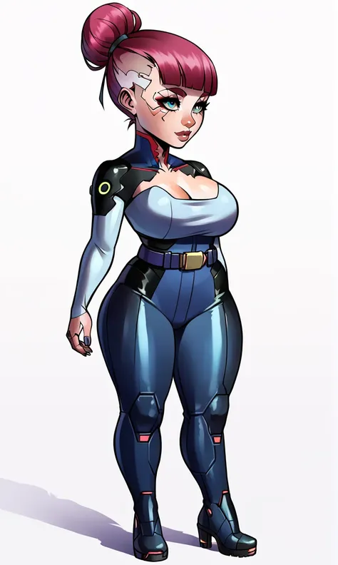 score_9_up,score_8_up,score_7_up,score_6_up,rating_safe,(white background:1.2),solo,1girl,female, (cyberpunk outfit:1.1),standing,belt,facing viewer, (shortstack:1.3), large breasts, wide hips, beautiful, cute, scars, long straight hairstyle, blunt bangs
