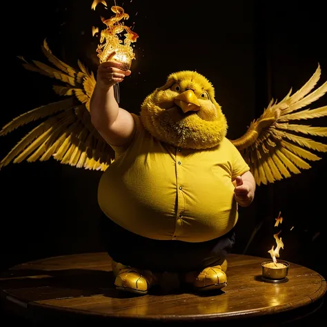 Fat man with Canary bird with fire wings