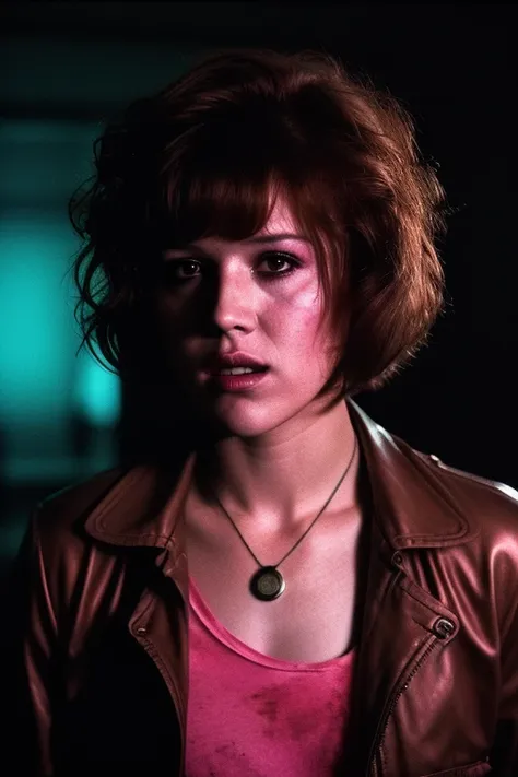 full shot of eighteen-year-old molly ringwald, messy/shaggy razored/layered bob haircut with sideswept bangs, bags under eyes, e...