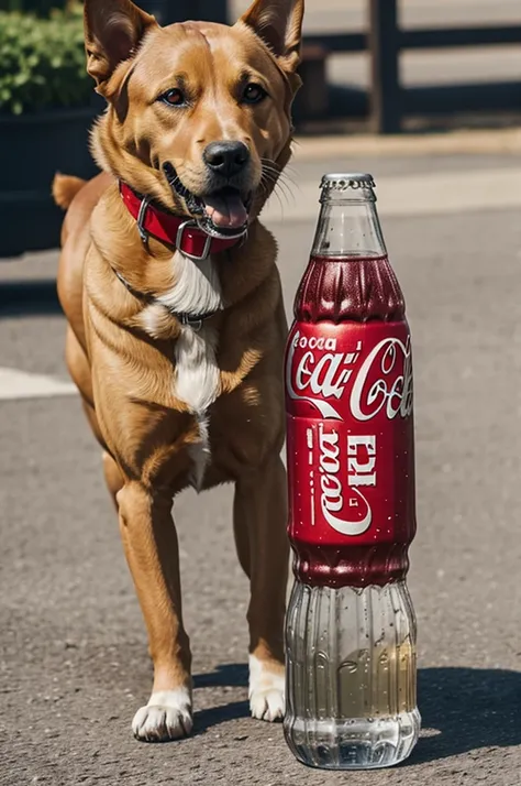 Create a dog holding a Coca-Cola bottle 