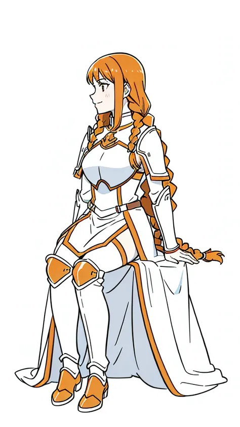 (1girl,20 years old,mature female,solo),tiger ears,long hair,(twin braids),orange hair,white knight armor,(white background,line drawing),smile,sitting,profile, looking away,full body