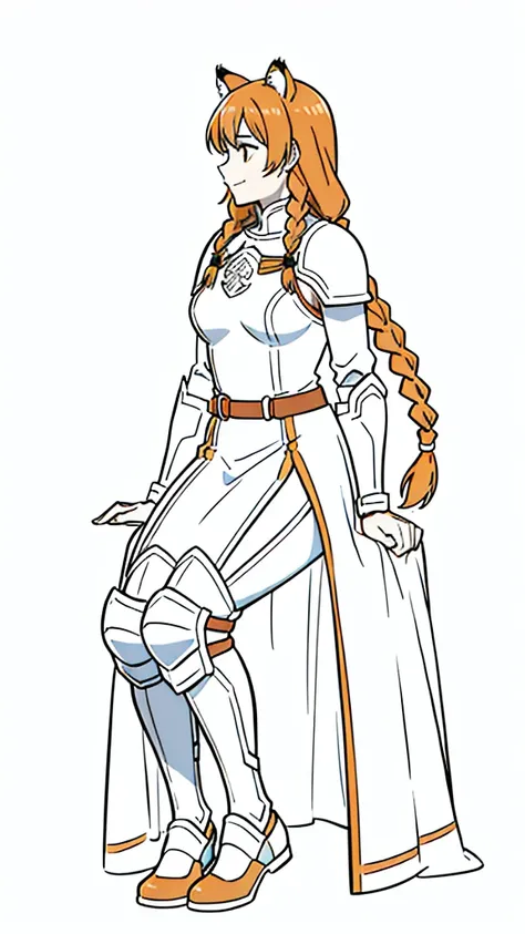 (1girl,20 years old,mature female,solo),tiger ears,long hair,(twin braids),orange hair,white knight armor,(white background,line drawing),smile,sitting,profile, looking away,full body