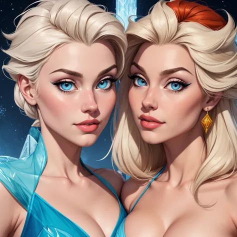 Beautiful portrait mode pose Cartoon character character in dynamic pose two women together redhead Queen Anna of Arendelle redhead with 1,60cm on the left and together with platinum blonde Elsa of Arendelle with 1,75cm straight with symmetrical body with ...