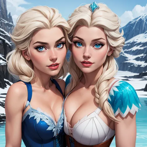 Beautiful portrait mode pose Cartoon character character in dynamic pose two women together redhead Queen Anna of Arendelle redhead with 1,60cm on the left and together with platinum blonde Elsa of Arendelle with 1,75cm straight with symmetrical body with ...