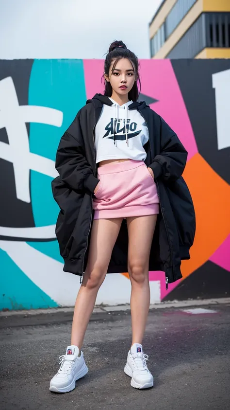 Capture a beautiful sexy stylish girl in a hype outfit, complete with trendy sneakers, oversized hoodie, and edgy accessories. Shes posing confidently in front of a modern, urban building. Behind her, theres a large, vibrant graffiti mural featuring the wo...