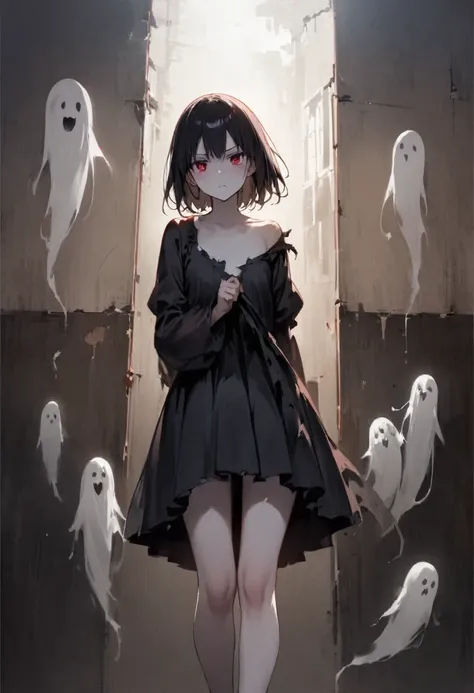 ghost、darkness、Dimly lit room、真夜中の古いghost屋敷の中で、Girl、Girl、Short、Younger、Lower school year、Baby Face、Both eyes open、Pale skin、flat chest、Dynamic Angle、Glaring、Creepy、scared、suspicious、suspicious、Ghost、My clothes are torn、Half naked、The body is slightly trans...