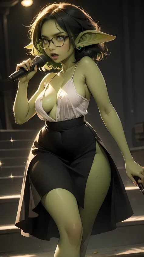 ((best quality)), ((masterpiece)), (detailed), perfect face, ((green skin)), pointy ears, tiny breasts, wearing black rimmed glasses, short dark hair, wearing open white blouse and black bra, and black skirt and black pantyhose and back pumps, (night outsi...