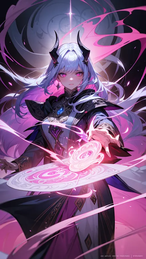 create an illustration of a powerful, dark sorceress with deep purple skin and long, flowing white hair. she has glowing pink ey...