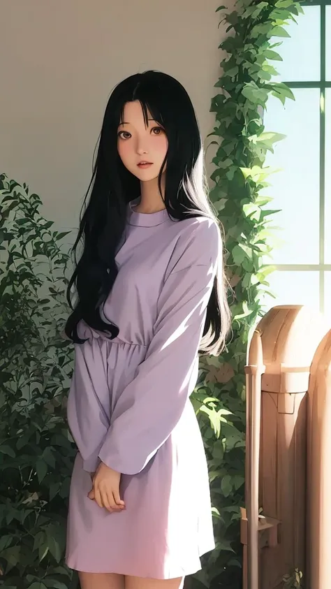 ghibli styled anime girl, long black haired, ghibli background anime