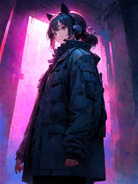 ((Best quality, 8K, Masterpiece: 1.4)),((Amazing detail: 1.3)),((illustration, Hairstyle Casual: 1.2)),((high resolution: 1.1)), A cute cat standing, headset on head, Tactical coat, Fashionab, Soft light, Colorful, Depth of field, Cinematic lighting, From ...