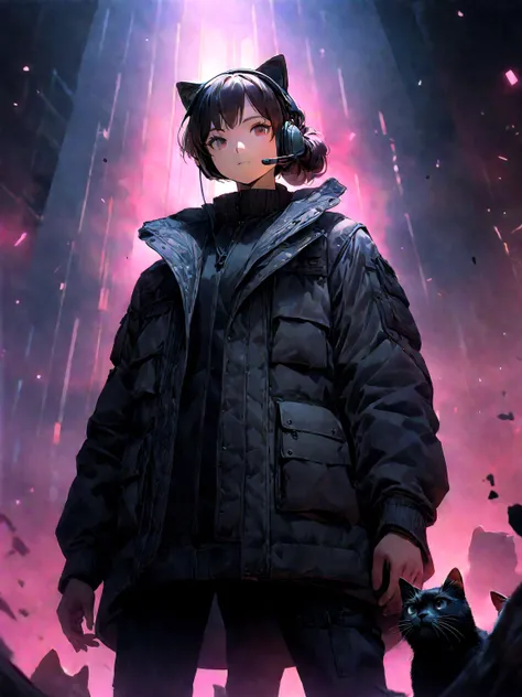 ((Best quality, 8K, Masterpiece: 1.4)),((Amazing detail: 1.3)),((illustration, Hairstyle Casual: 1.2)),((high resolution: 1.1)), A cute cat standing, headset on head, Tactical coat, Fashionab, Soft light, Colorful, Depth of field, Cinematic lighting, From ...