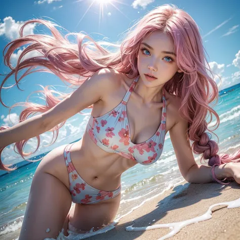 Light pink hair, blue eyes,  blue sky, Vibrant colors, Colorful floral swimsuit 、splash, Light Racing, Wavy long hair、splash、Light of the sun、Braiding、Sandy Beach, alone,8K,Cinematic scenes