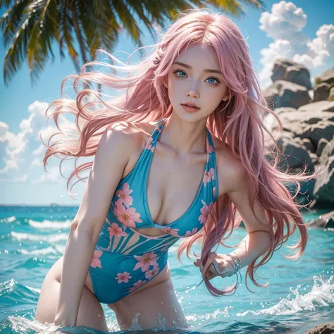 Light pink hair, blue eyes,  blue sky, Vibrant colors, Colorful floral swimsuit 、splash, Light Racing, Wavy long hair、splash、Light of the sun、Braiding、Sandy Beach, alone,8K,Cinematic scenes