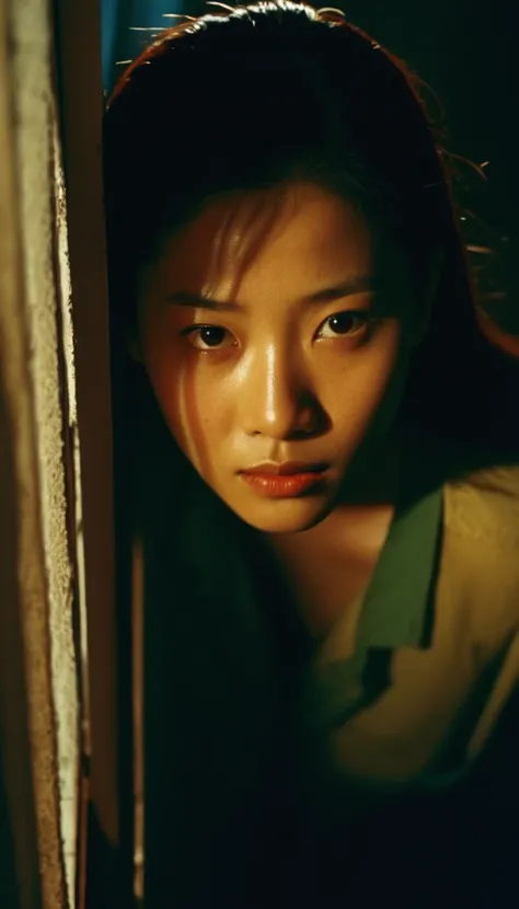 Extreme high angle shot from above, girl, looking at camera, drama movie, movie still, lighting through window, shadows on face, wong kar wai color palette
