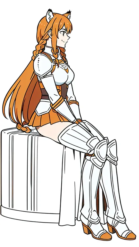 (1girl,20 years old,mature female,solo),tiger ears,long hair,(twin braids),orange hair,white knight armor,(white background,line drawing),smile,sitting,profile, looking away,full body