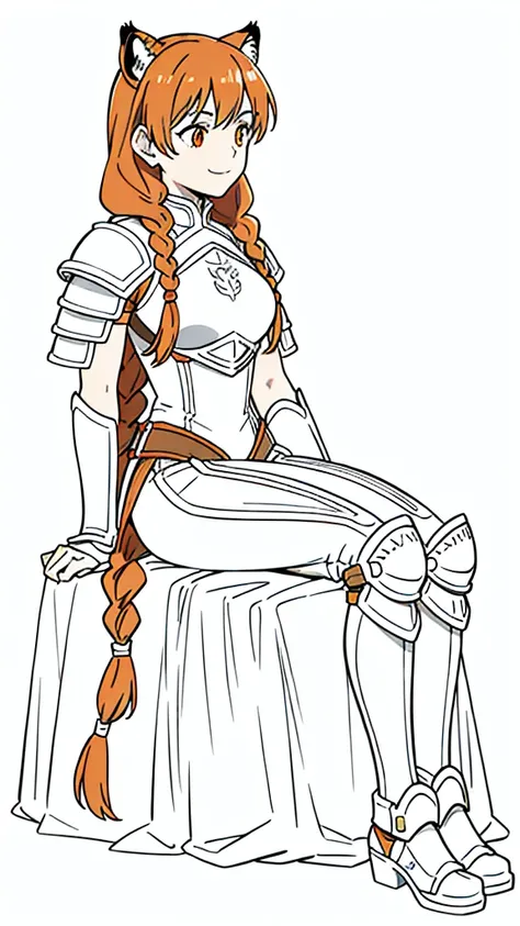 (1girl,20 years old,mature female,solo),tiger ears,long hair,(twin braids),orange hair,white knight armor,(white background,line drawing),smile,sitting,profile, looking away,full body