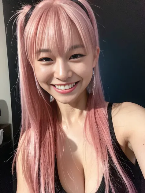 (8k, best quality, masterpiece:), japanese girl with pink hair on pony tail selfie POV on a dark bedroom wearing V-neck shirt showing cleavage, smiling showing teeth, selfie shot, minimal lighting, messy hair, best quality, ultra realistic, perfect body, b...