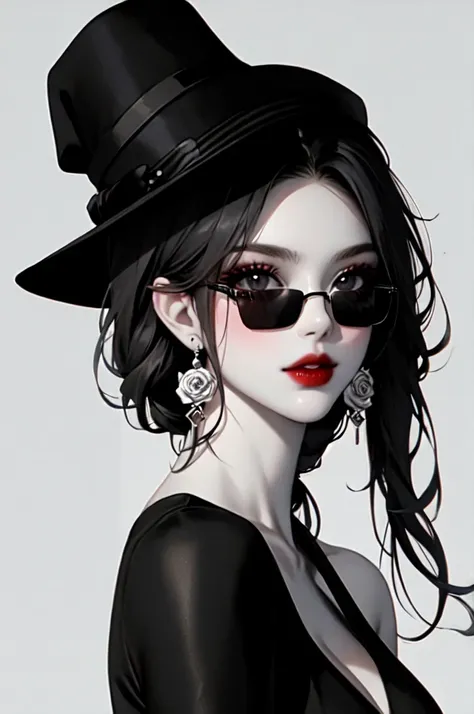 1girl, sunglasses, solo, hat, lipstick, red lips, long hair, dress, plunging neckline,rose， makeup, monochrome, white background, earrings, cleavage, jewelry, upper body, spot color, hair over shoulder,dark theme,shiny,shiny skin,milf,(mature female:1.2), 