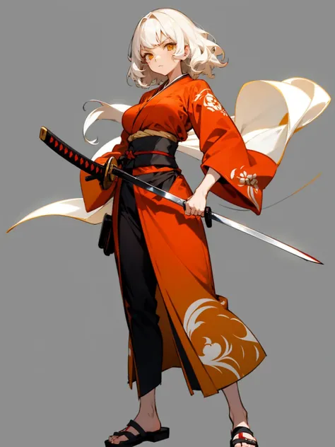 A adult anime girl, short wavy White hair, Yellow Eye, Red Kimono, holding a katana, standing, full body, serious expression, blank background, big boobs