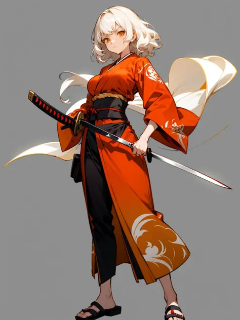 A adult anime girl, short wavy White hair, Yellow Eye, Red Kimono, holding a katana, standing, full body, serious expression, blank background, big boobs