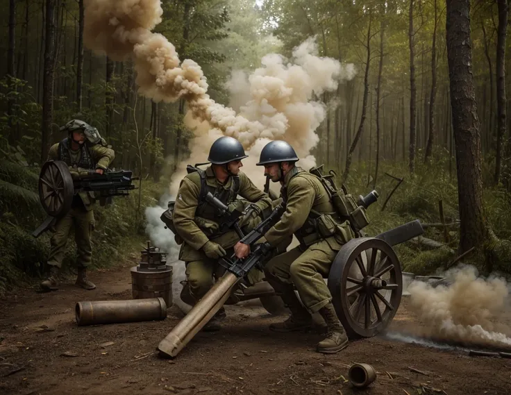 two French artillery soldiers, detailed faces, with green camouflage uniform with navy blue details, military metal helmets, they are using a modern artillery mortar that is firing, it has rubber wheels, ammunition casings, they are in a European battlefie...