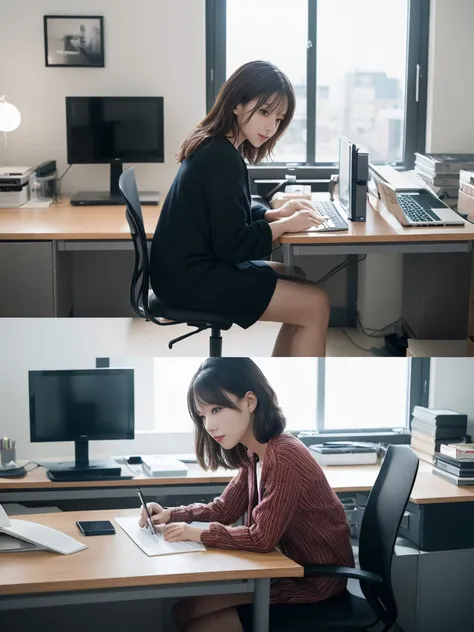 ((top-quality、masutepiece、8K、Top image quality))、One woman、Woman doing desk work、Woman working at computer、Woman&#39;s upper body photo、Perfect computer、Shelves that can store a lot of files Natural furniture arrangement、A slight smil、View me、Office casual...