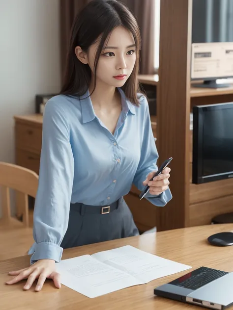 ((top-quality、masutepiece、8K、Top image quality))、One woman、Woman doing desk work、Woman working at computer、Woman&#39;s upper body photo、Perfect computer、Shelves that can store a lot of files Natural furniture arrangement、A slight smil、View me、Office casual...