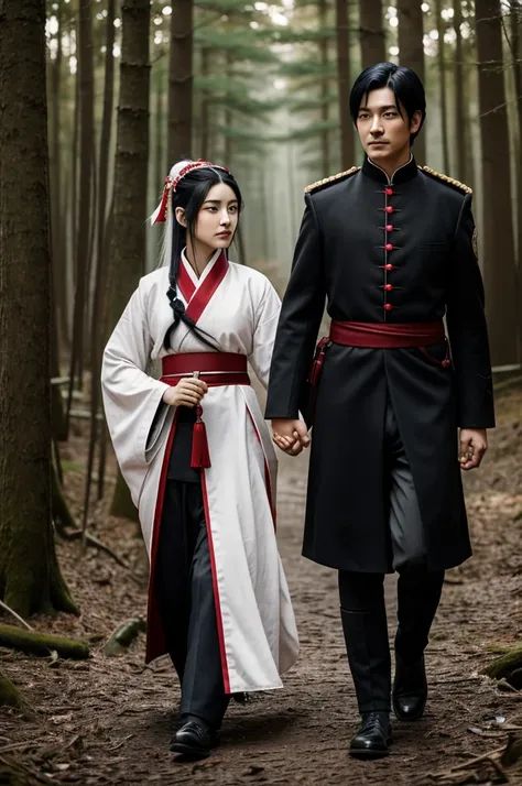 A man, a black-haired guy with indigo eyes, in a black imperial hunting uniform, holds out his hand to a kitsune girl with white hair and medium-length red tips, dressed in a modest red and white haori. They are in a beautiful forest in the evening.