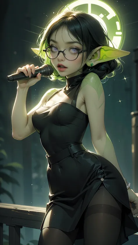 ((best quality)), ((masterpiece)), (detailed), perfect face, ((green skin)), pointy ears, tiny breasts, wearing black rimmed glasses, short dark hair, wearing open white blouse and black bra, and black skirt and black pantyhose and back pumps, (night outsi...