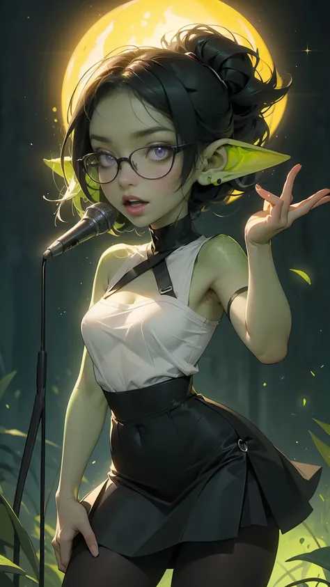 ((best quality)), ((masterpiece)), (detailed), perfect face, ((green skin)), pointy ears, tiny breasts, wearing black rimmed glasses, short dark hair, wearing open white blouse and black bra, and black skirt and black pantyhose and back pumps, (night outsi...